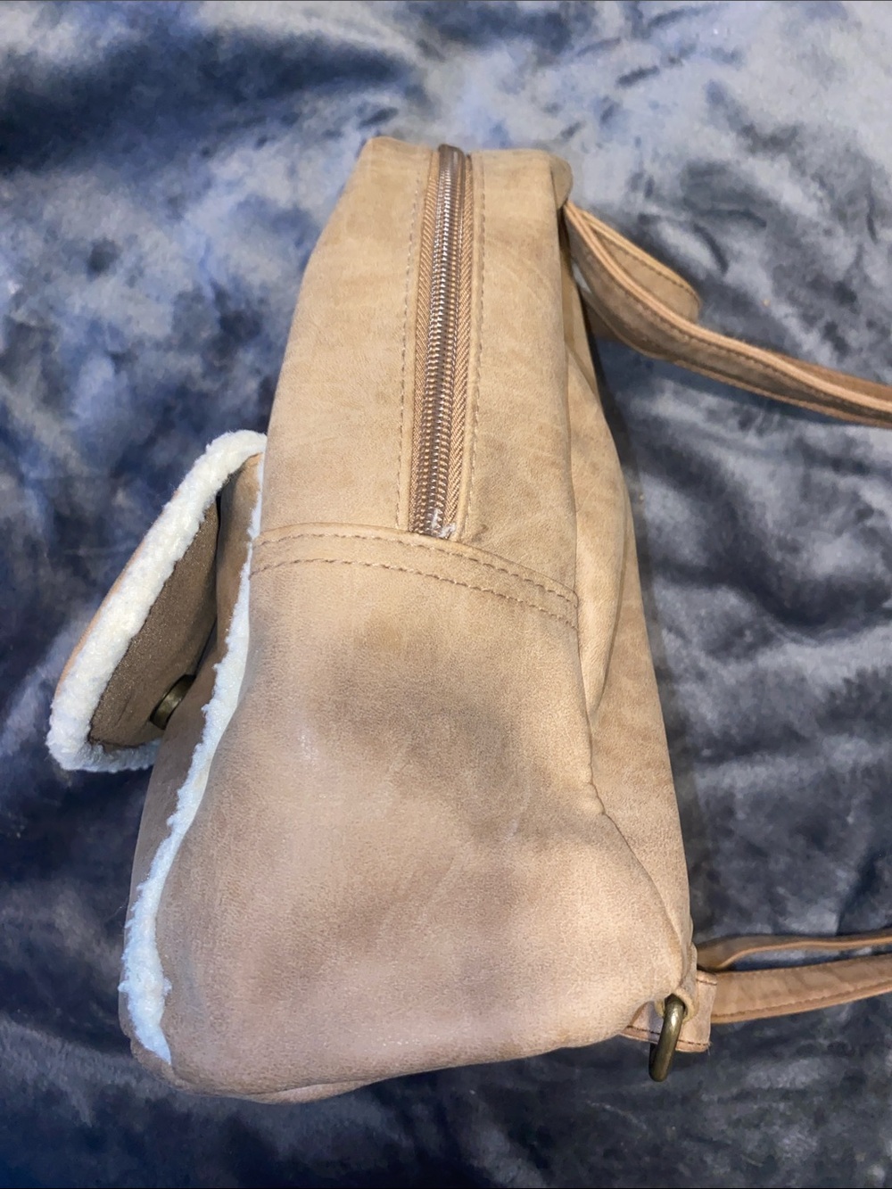 Shearling-Trim Tan Mini Backpack - Picture 3 of 13